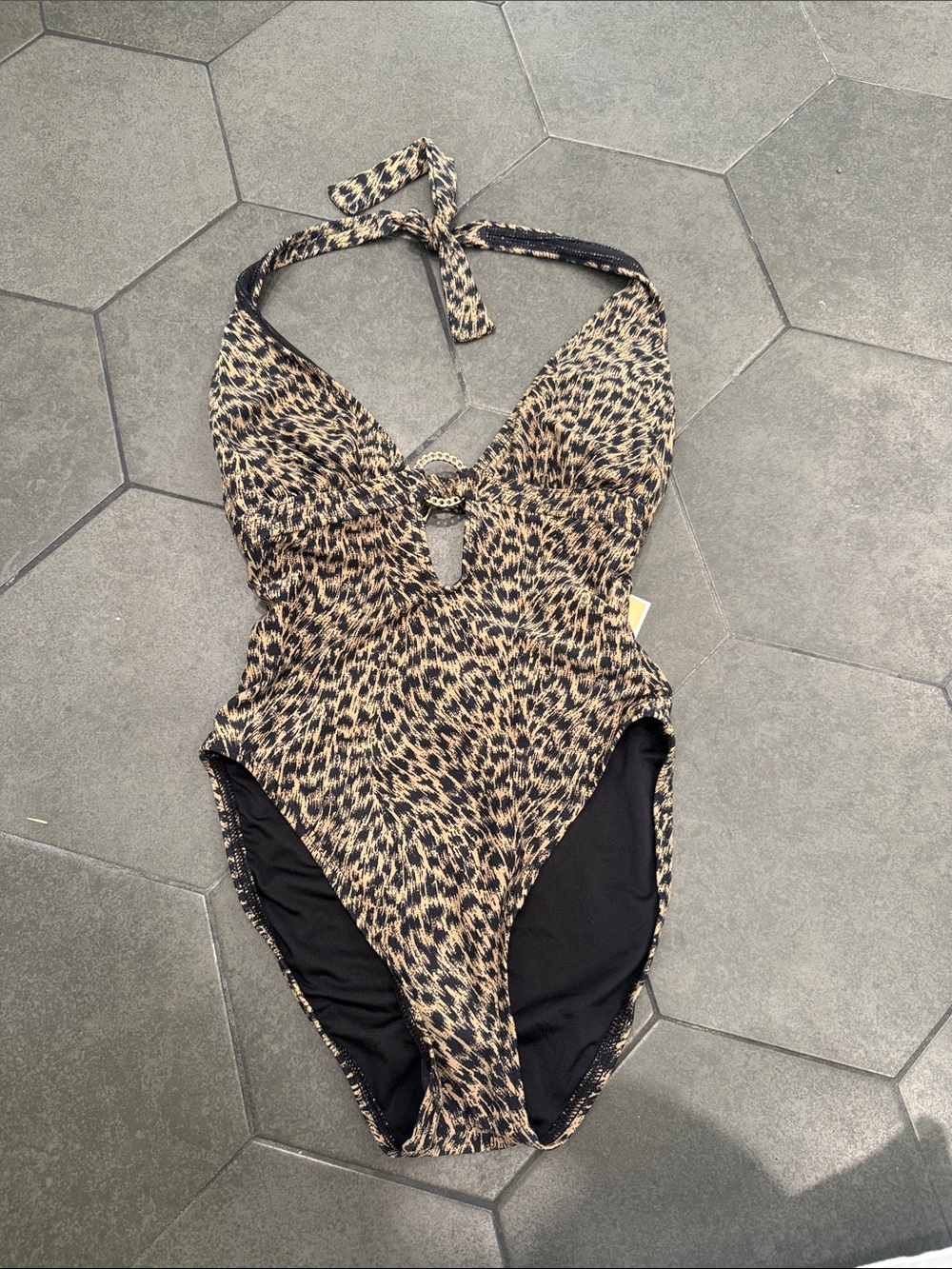 Michael Kors Leopard Print Halter One-Piece Swimsuit in Black and Tan